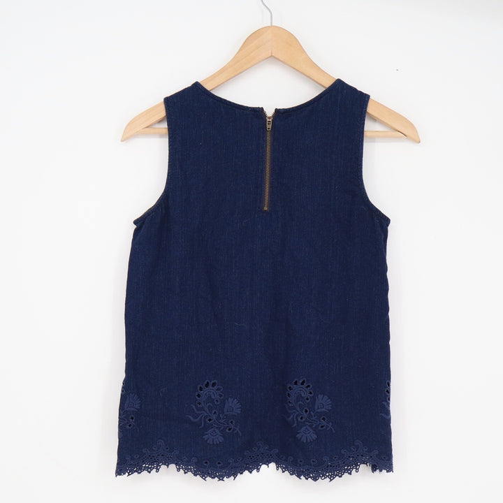 Madewell Womens XS Denim Eyelet Scalloped Hem Sleeveless Top Indigo Blue