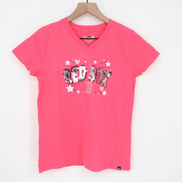 New Era Boston Red Sox Girls Pink Sequin V-Neck T-Shirt Size 14/16 NWT