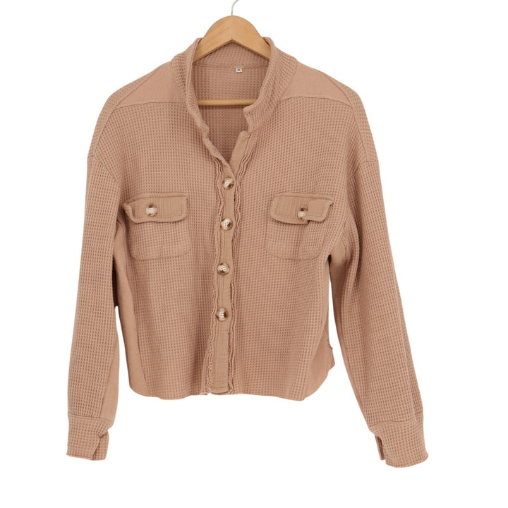 Womens Shacket Medium Beige Waffle Knit Stretch Raw Hem Detail Button Front