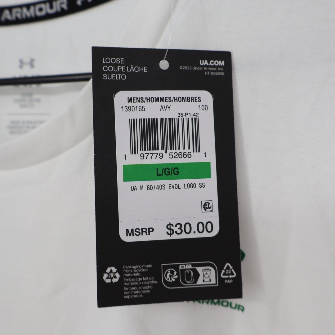 Under Armour Mens White Evolution Logo Graphic T-Shirt Loose Fit L