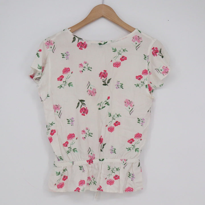 One Clothing Pink Floral Button Front Peplum Blouse White Medium