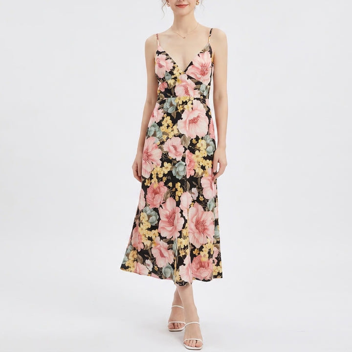 Forever 21 Floral Midi Dress Black Pink Yellow V-Neck Tie Back Cutout Large