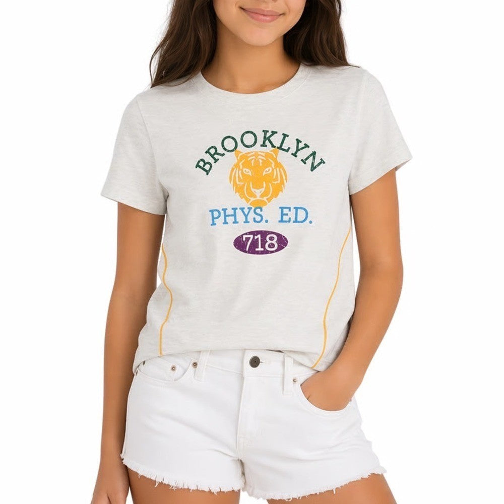 DSG Girls Small 8-9 Brooklyn Phys Ed Tiger Graphic Tee Light Heather Grey