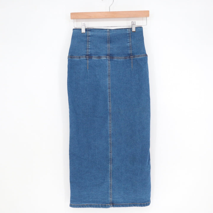 SHEIN Womens High Waist Denim Midi Skirt Blue Front Zip Slit Medium Wash Size 4