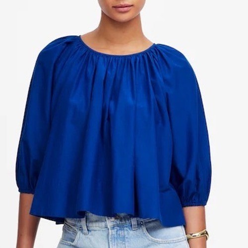 Madewell Shirred Womens 2XS Midnight Blue Cotton Pleated Puff Sleeve Round Neck