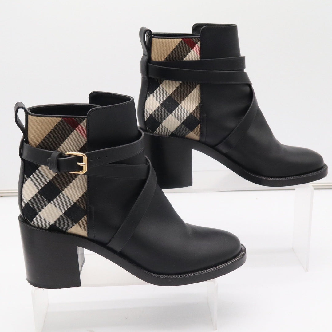 Burberry New Pryle 70 Black Leather Vintage Check Ankle Boots EU 39