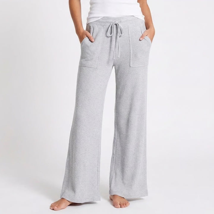 Aerie Wide Leg Cropped Pants Womens Medium Gray Ribbed Chunky Knit Drawstring