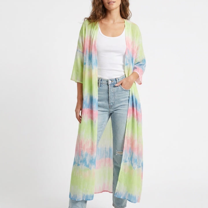 Multicolor Tie Dye Maxi Duster Cardigan Open Front Short Sleeve 2XL
