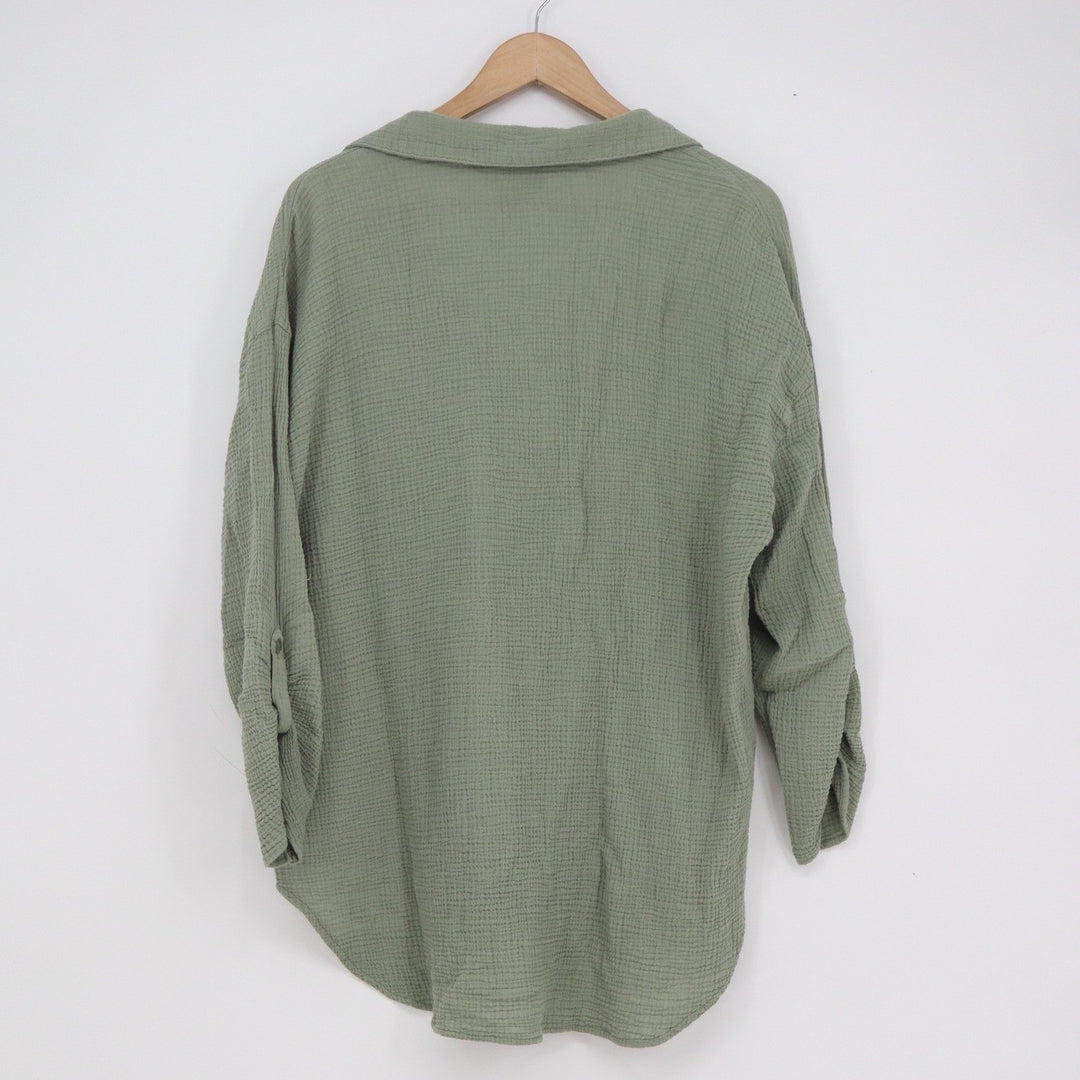 Kona Sol Sage Green Cotton Gauze Button Down Shirt XL Oversized Beach Cover Up