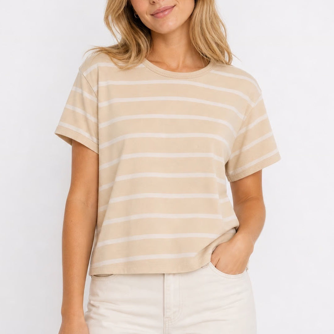 Athleta Womens XL Tan White Striped Short Sleeve Crewneck T-Shirt Relaxed Fit