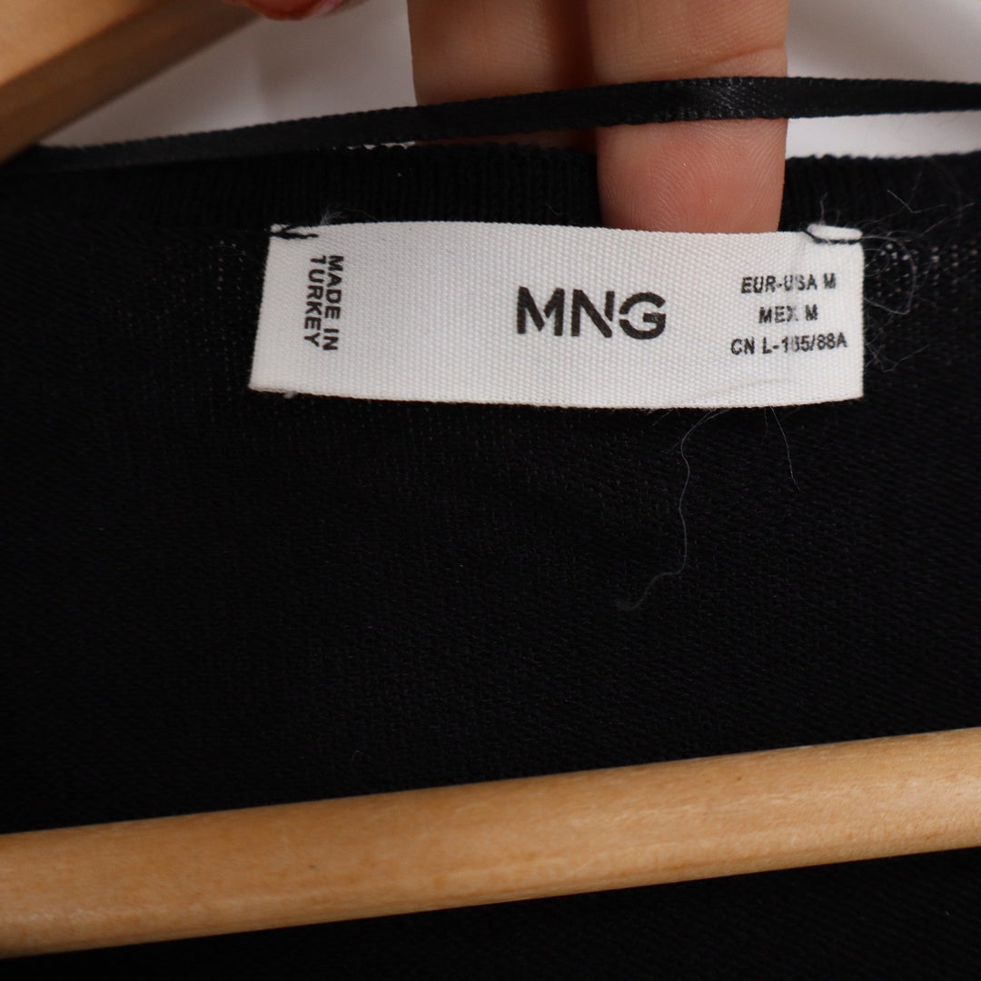 MNG Top Women M Cropped Cinch Front Black Long Sleeve V-Neck Ribbed Excellent