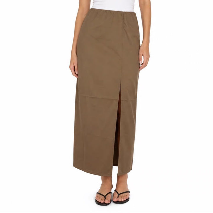 A New Day Tan Front Slit Midi Skirt High Waisted Brown L NEW