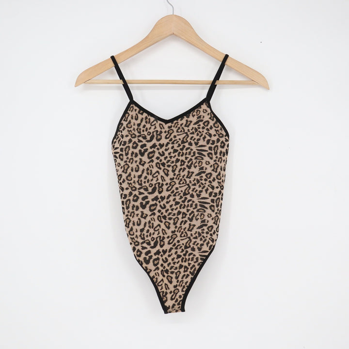 Leopard Print V-Neck Knit Bodysuit Tan Black Sleeveless XS