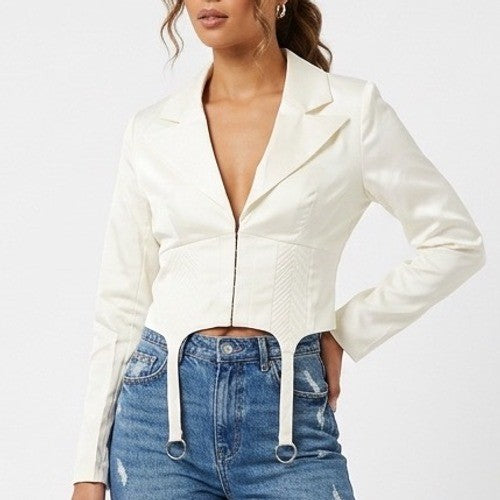 Naked Wardrobe The Statement Ivory Cropped Garter Blazer Womens Small