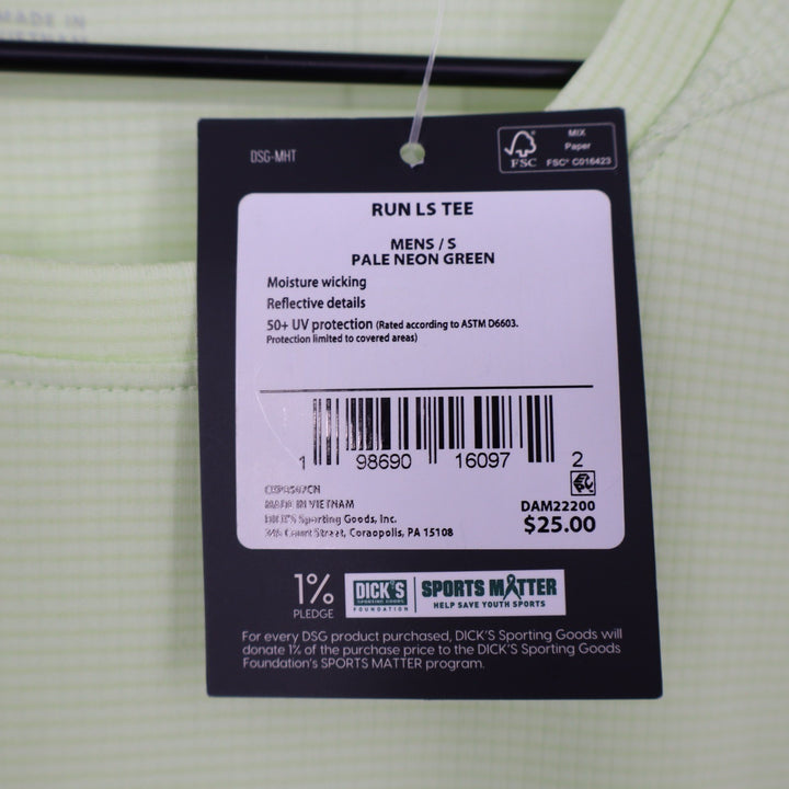DSG Mens Run LS Tee Pale Neon Green Reflective UV Protection Shirt S
