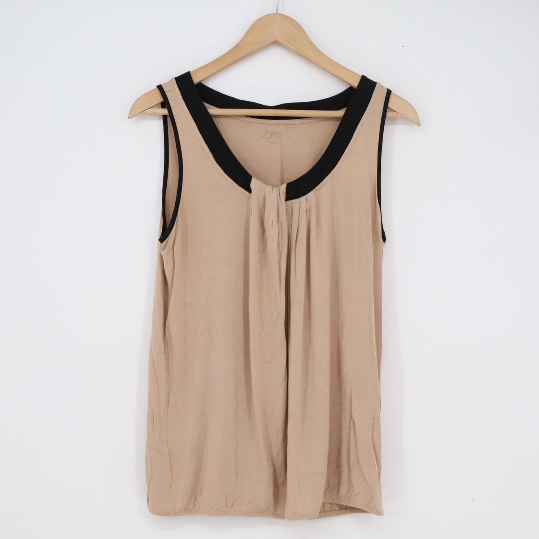 Ann Taylor LOFT Tan Black Trim Pleated Sleeveless Knit Shell Top Medium