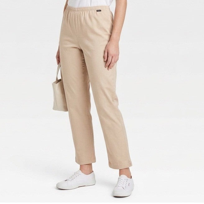 Eileen Fisher Ankle Trousers Women PS Beige Cotton Stretch Side Zip Straight Leg
