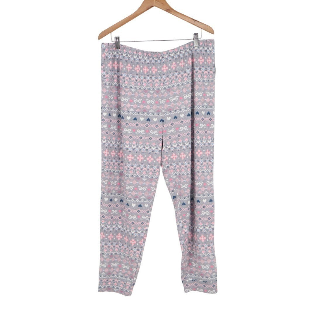Cuddl Duds Pajama Pants Womens XL Gray Pink Fair Isle Heart Print Sleepwear