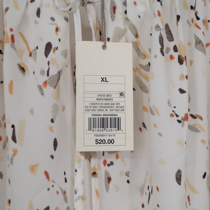 A New Day Womens XL Abstract Print Smocked Tie Neck Peasant Blouse White