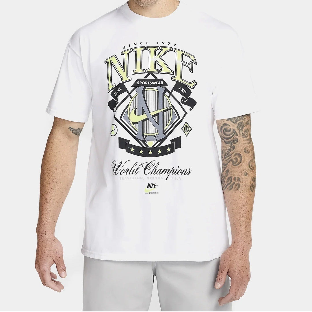 Nike Sportswear World Champions Graphic Tee Cream Neon Green Mens Small