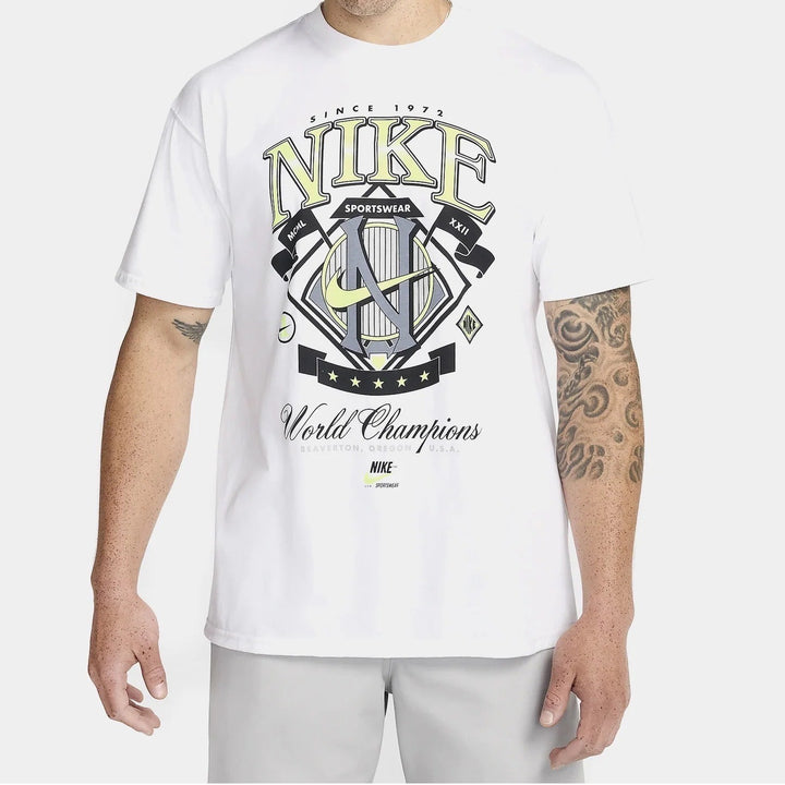 Nike Sportswear World Champions Graphic Tee Cream Neon Green Mens Small
