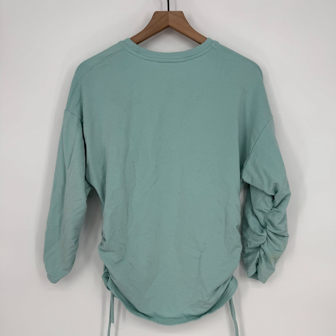 Athleta Lombard Ruched Sweatshirt Womens Medium Mint Blue Stretch Down Shoulder