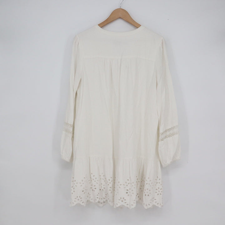 Loft White Linen Blend Eyelet Tiered Tunic Dress Long Sleeve Boho Mini Medium