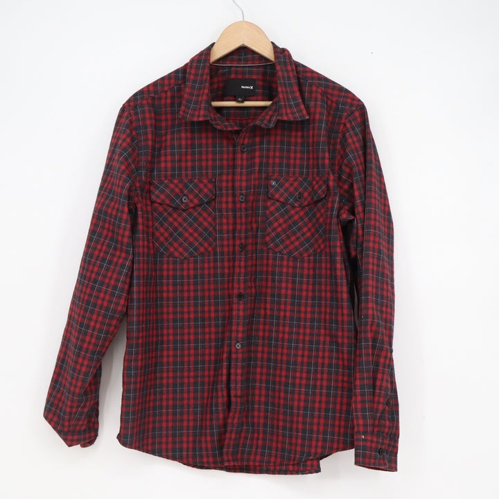 Hurley Mens Dri-FIT Plaid Button Up Shirt Red Black Long Sleeve L