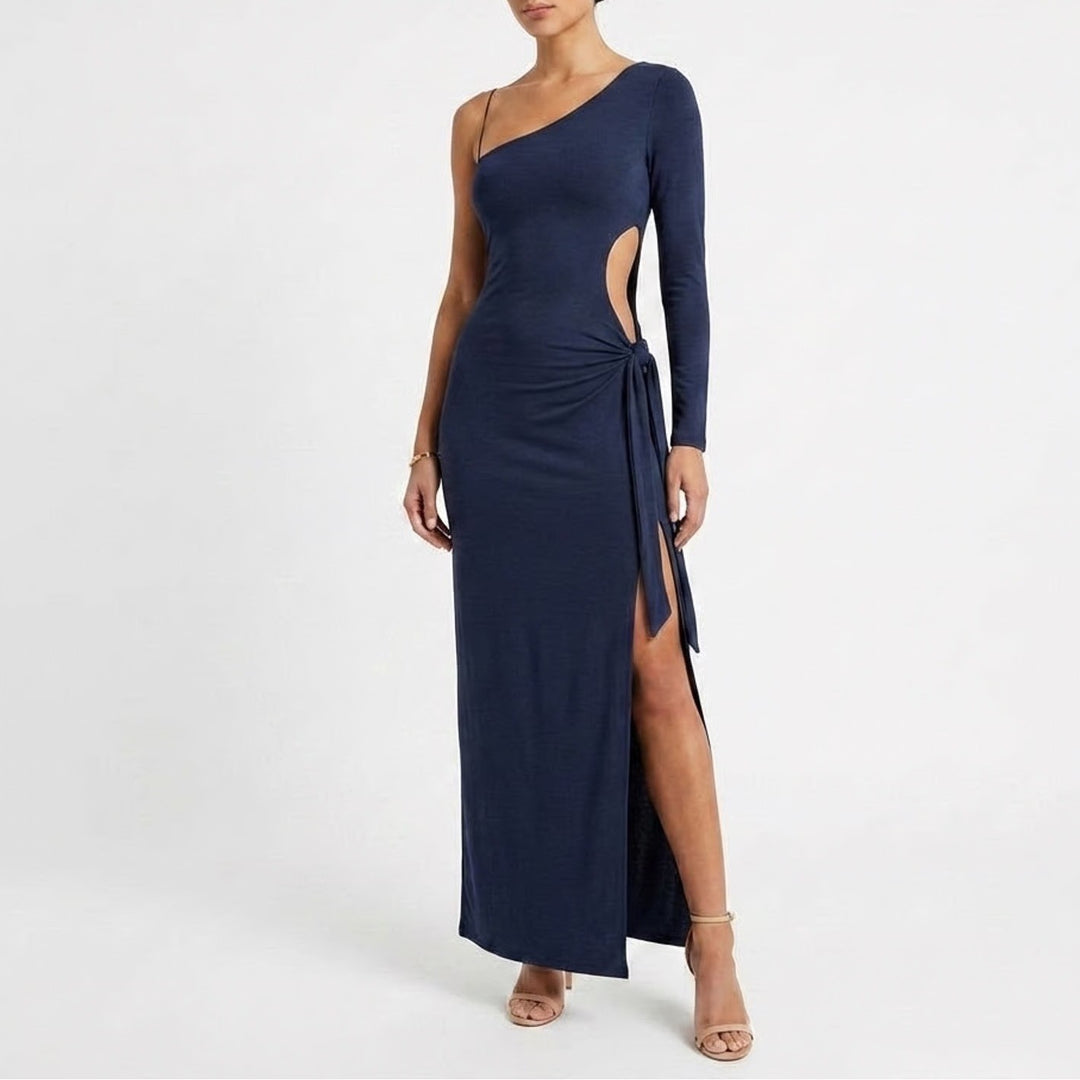 Naked Wardrobe Navy Blue One Shoulder Maxi Dress Small Long Sleeve Tie