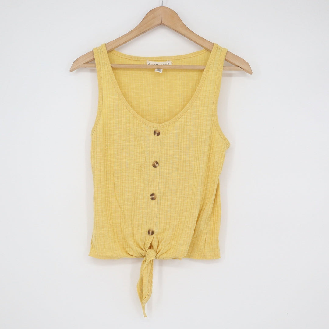 Eye Candy Yellow Ribbed Button Front Tie Hem Sleeveless Tank Top Large