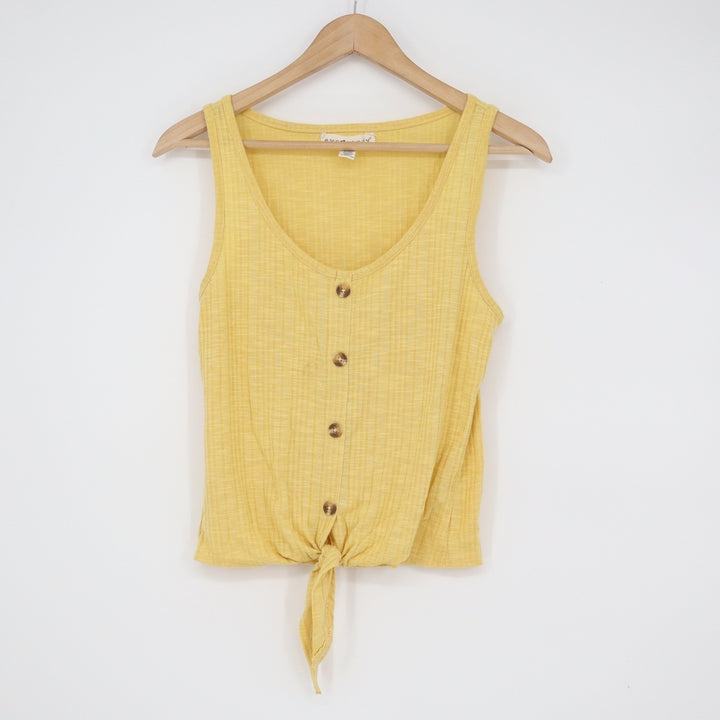 Eye Candy Yellow Ribbed Button Front Tie Hem Sleeveless Tank Top Large