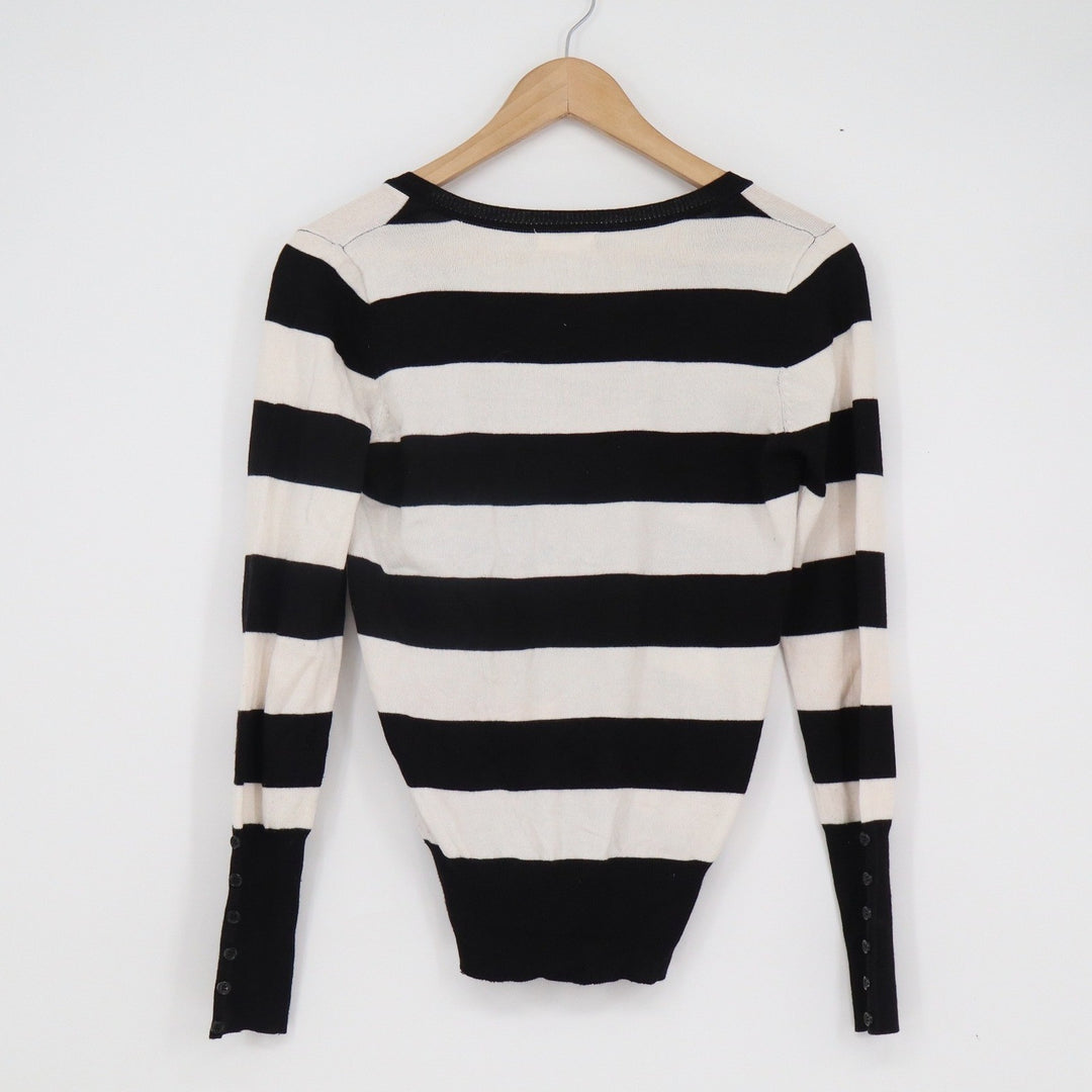 Ambiance Mens Black White Striped V-Neck Sweater Button Cuff Rayon Blend M