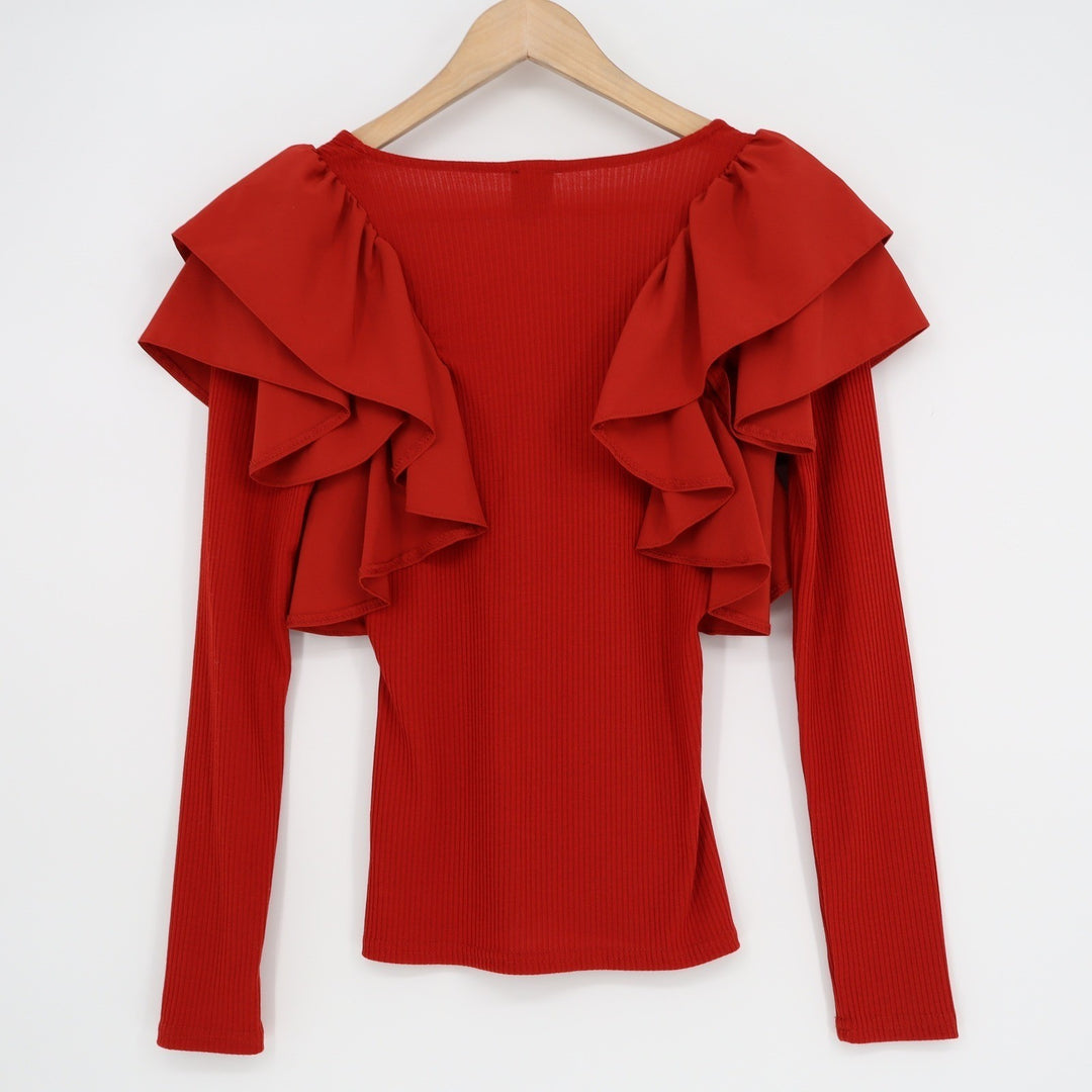River Island Red Ruffle Shoulder V-Neck Ribbed Long Sleeve Top Size UK 6 US 2