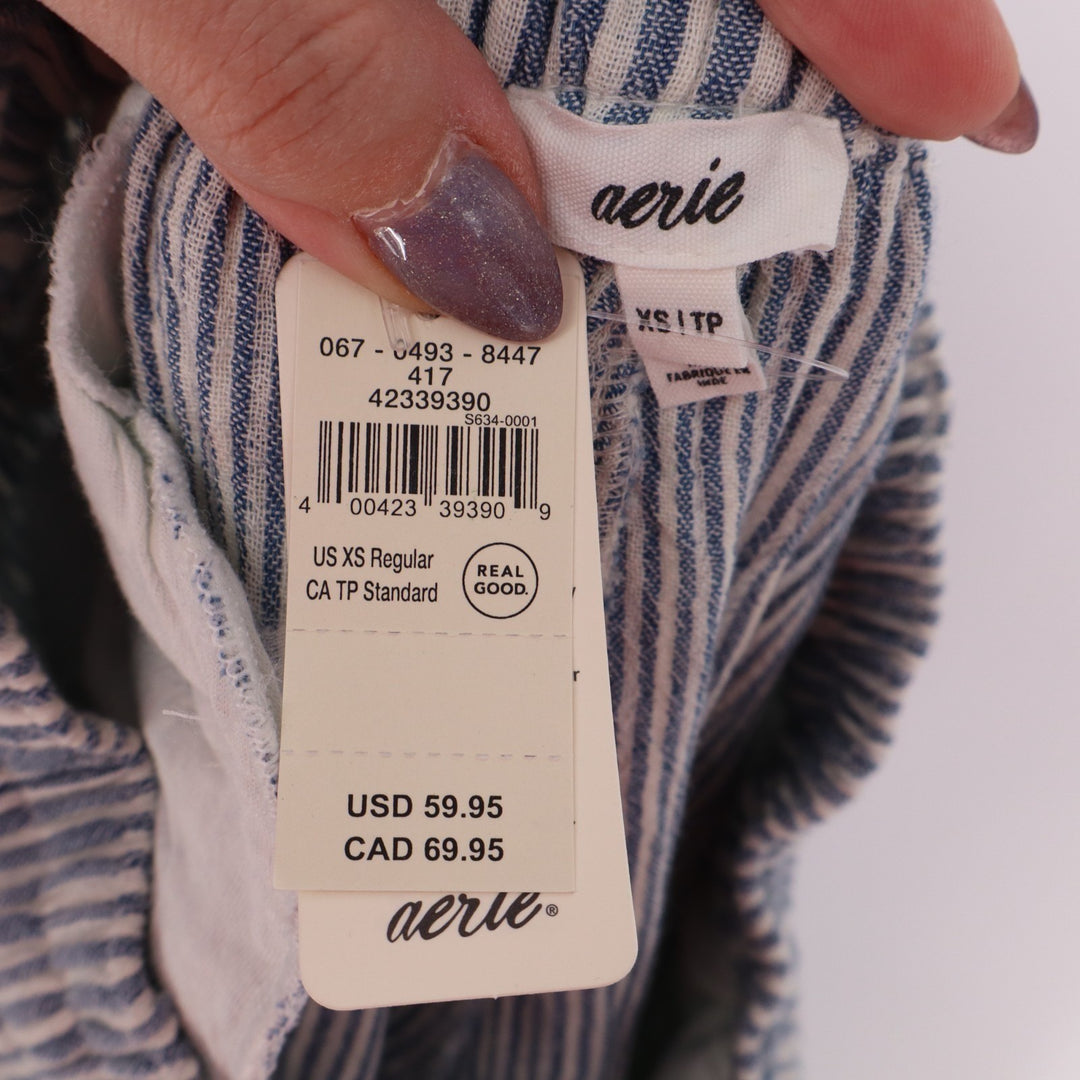 Aerie Daybreak Pants Womens XS Blue White Striped Cotton High Waisted Pleated
