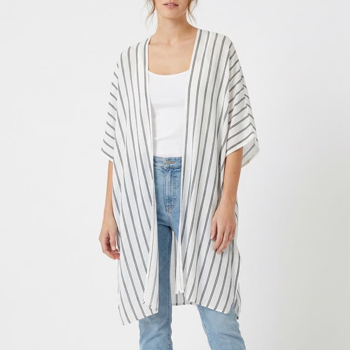 Womens Cover Up White Black Striped Open Front Side Slits Kimono Sleeve Summer