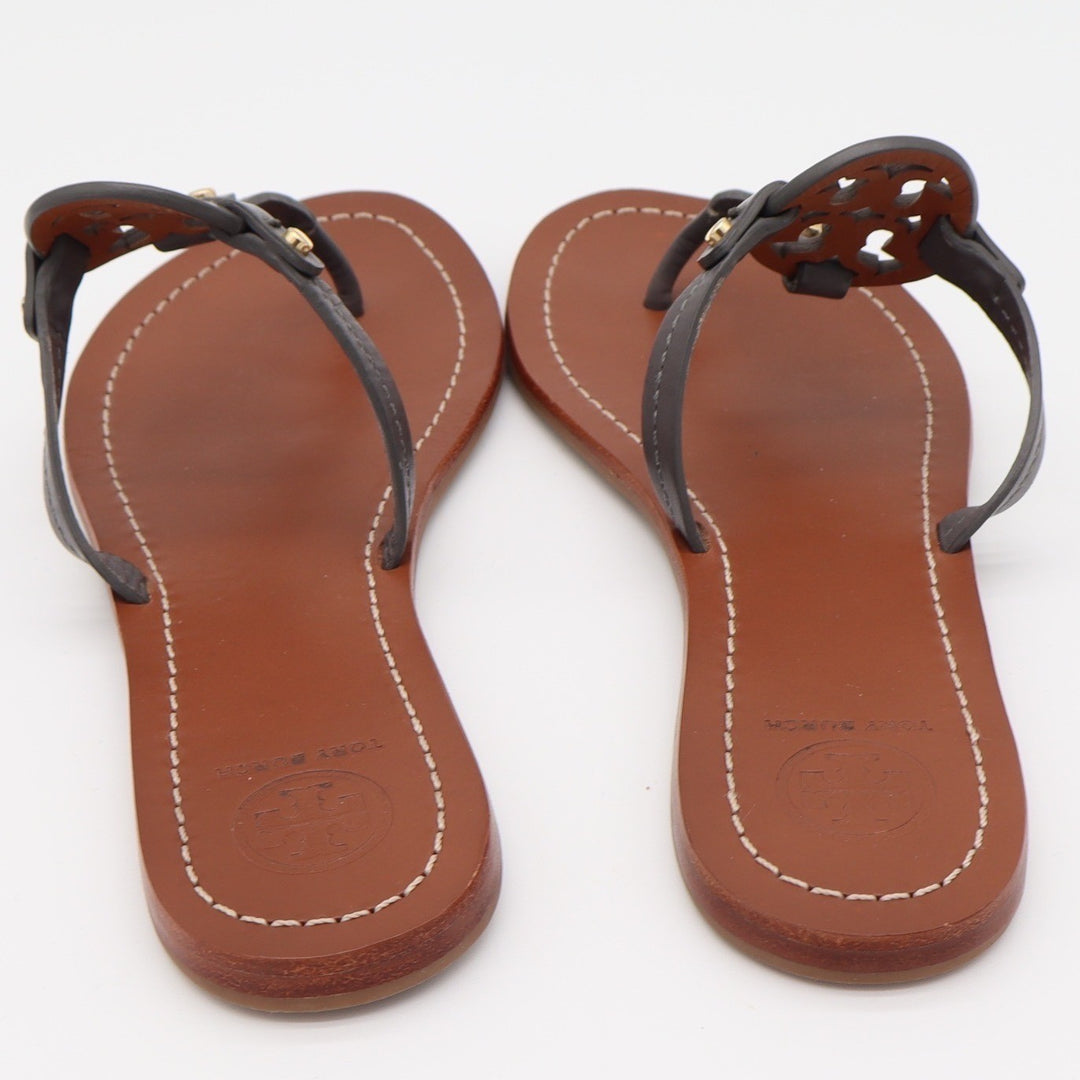 Tory Burch Sandals Womens 8 Miller Thong Flip Flop Gray Leather Logo Excellent