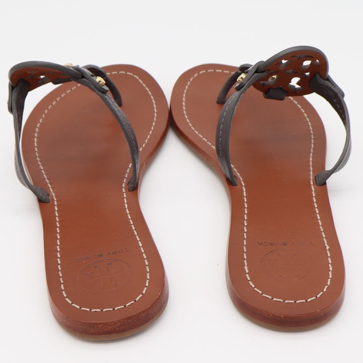 Tory Burch Sandals Womens 8 Miller Thong Flip Flop Gray Leather Logo Excellent