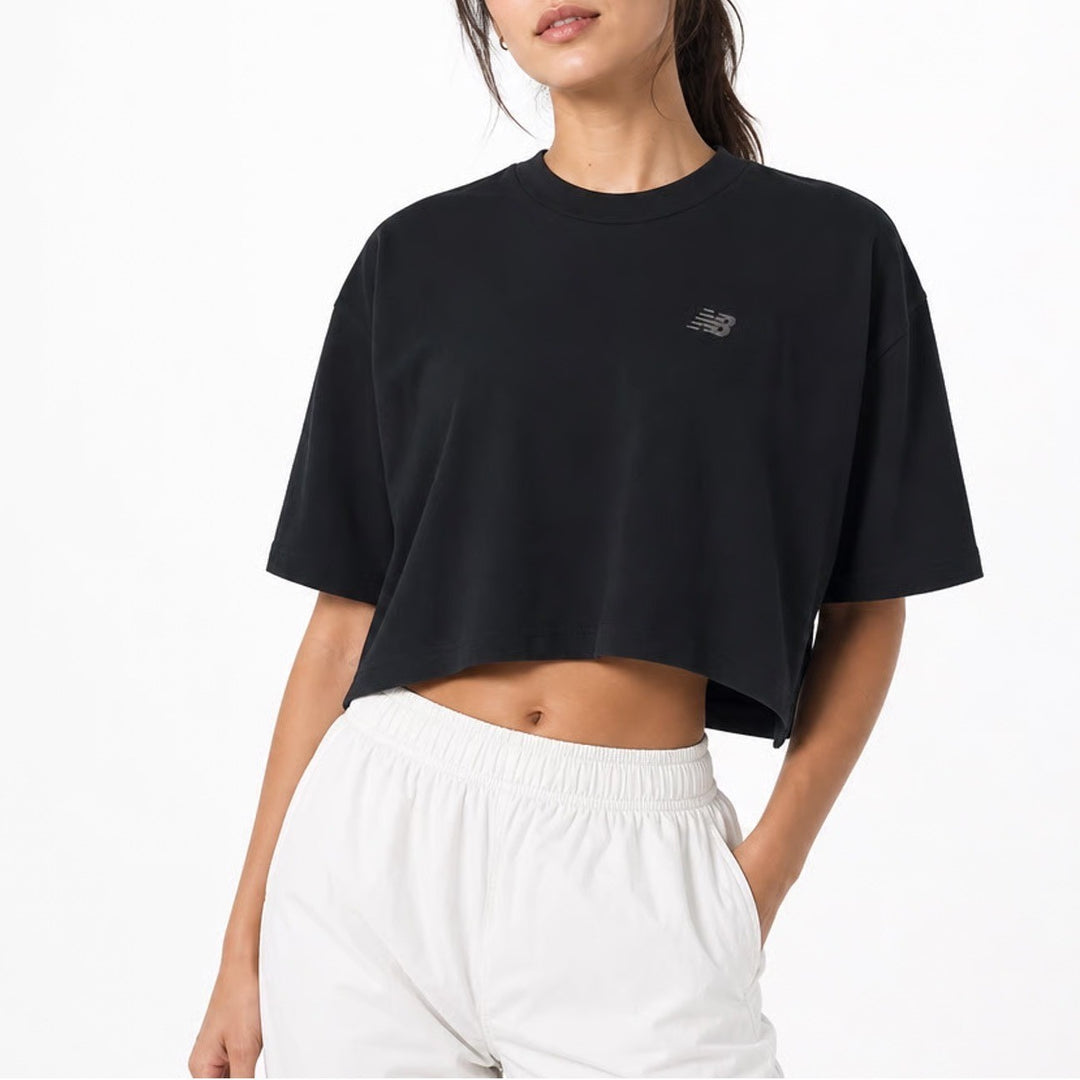New Balance Womens Oversized Cropped T-Shirt Black Embroidered Logo BK S