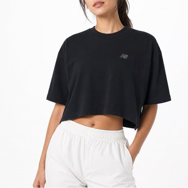 New Balance Womens Oversized Cropped T-Shirt Black Embroidered Logo BK S