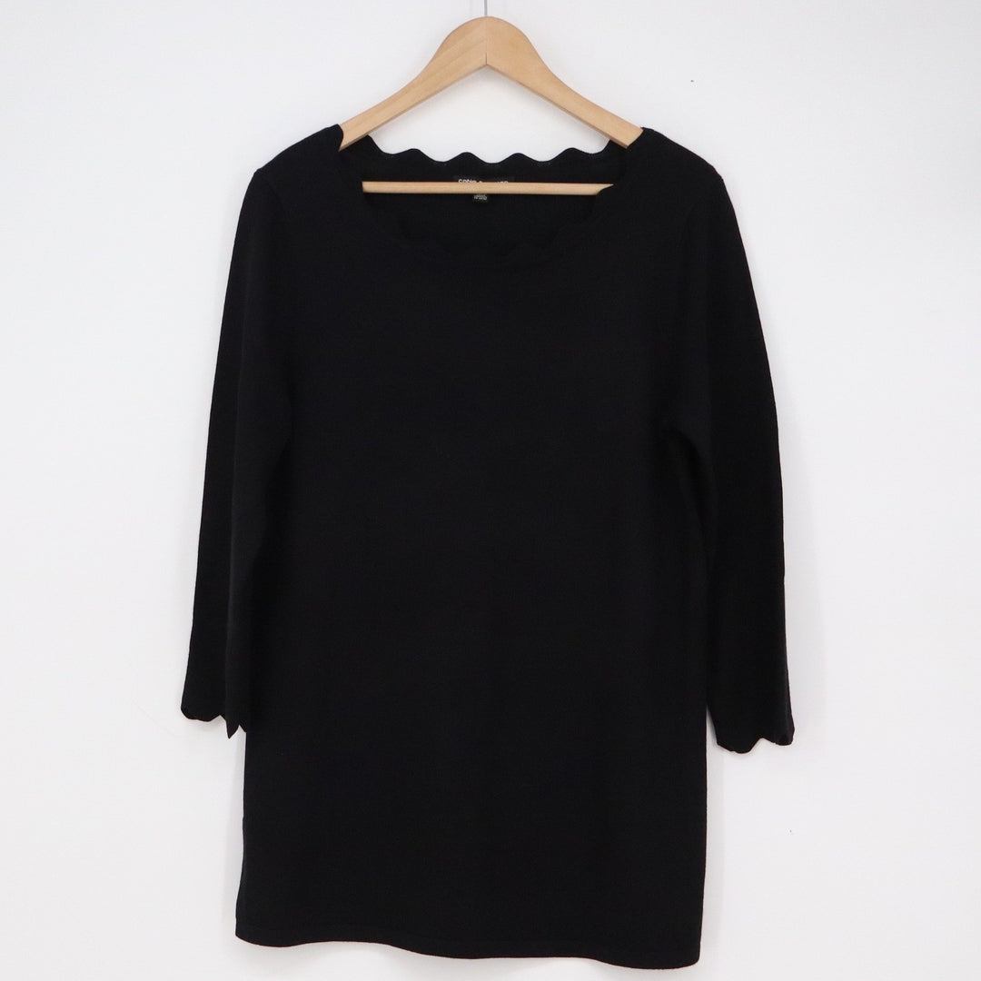Cable & Gauge Womens Black Scalloped Neck 3/4 Sleeve Knit Tunic Top Size M