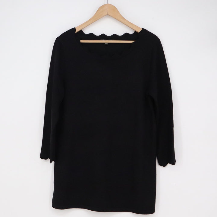 Cable & Gauge Womens Black Scalloped Neck 3/4 Sleeve Knit Tunic Top Size M
