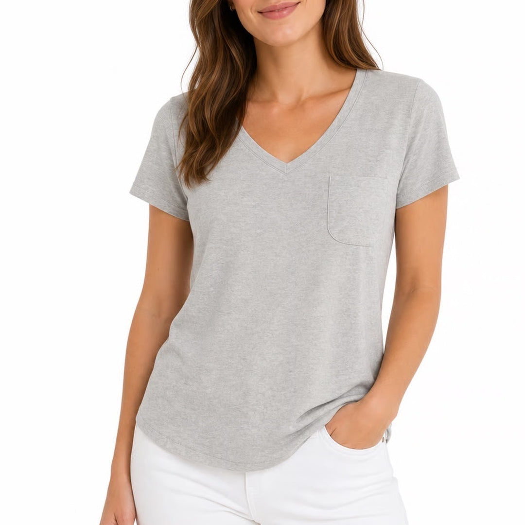 Marled Essentials Womens Gray V-Neck Pocket T-Shirt Cotton Modal Size M