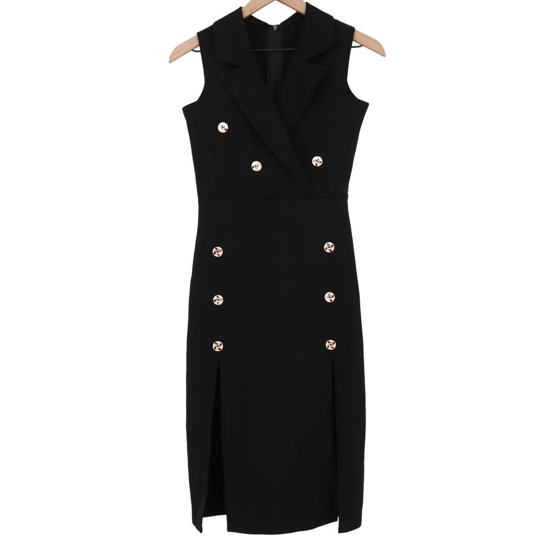 Black Sleeveless Double Breasted Sheath Dress Gold Buttons Front Slits Sz S/M