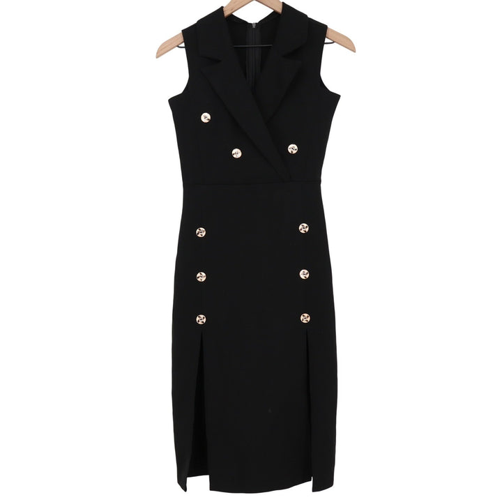 Black Sleeveless Double Breasted Sheath Dress Gold Buttons Front Slits Sz S/M