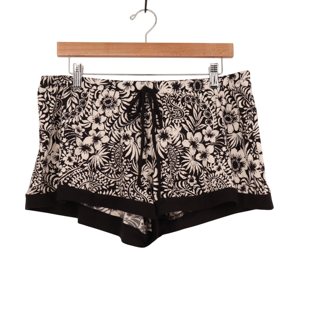 Womens Pajama Shorts Large Black White Floral Paisley Print Stretch Sleepwear
