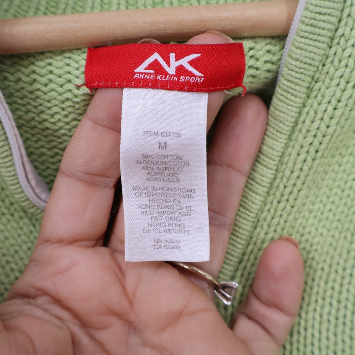 Anne Klein Sport Lime Green Quarter Zip Cotton Blend Sweater Mock Neck Medium