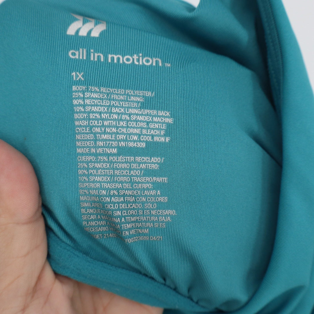 All In Motion Teal Blue Longline Racerback Sports Bra Plus Size 1X Adjustable