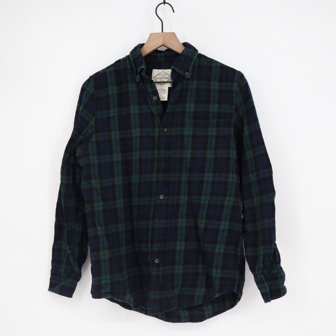 St Johns Bay Mens Plaid Flannel Long Sleeve Button Down Shirt Size S Green Navy