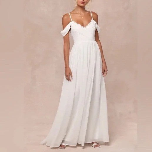 Lulus Marcelyn Maxi Dress Womens XL White Pleated V-Neck Cold-Shoulder Back Zip