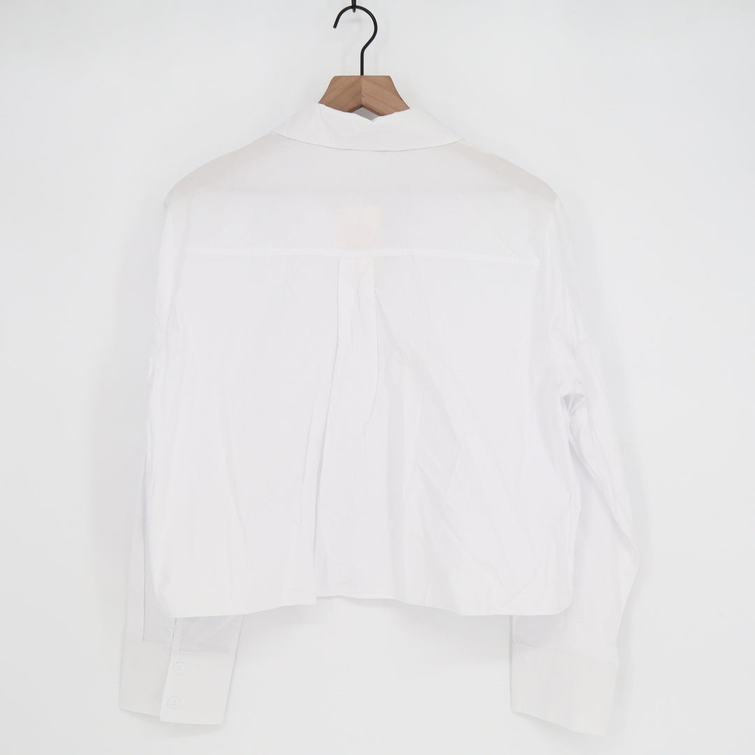 White Cropped Long Sleeve Button Up Shirt Collared Cotton Rayon Blend Large
